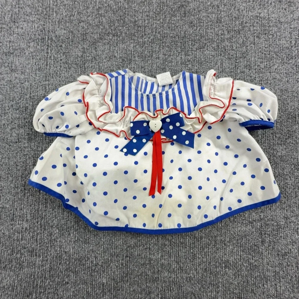 VTG Polka Dot Outfit Set Girls 18-24M White Blue Top Shorts 2 Piece Bow Stripe